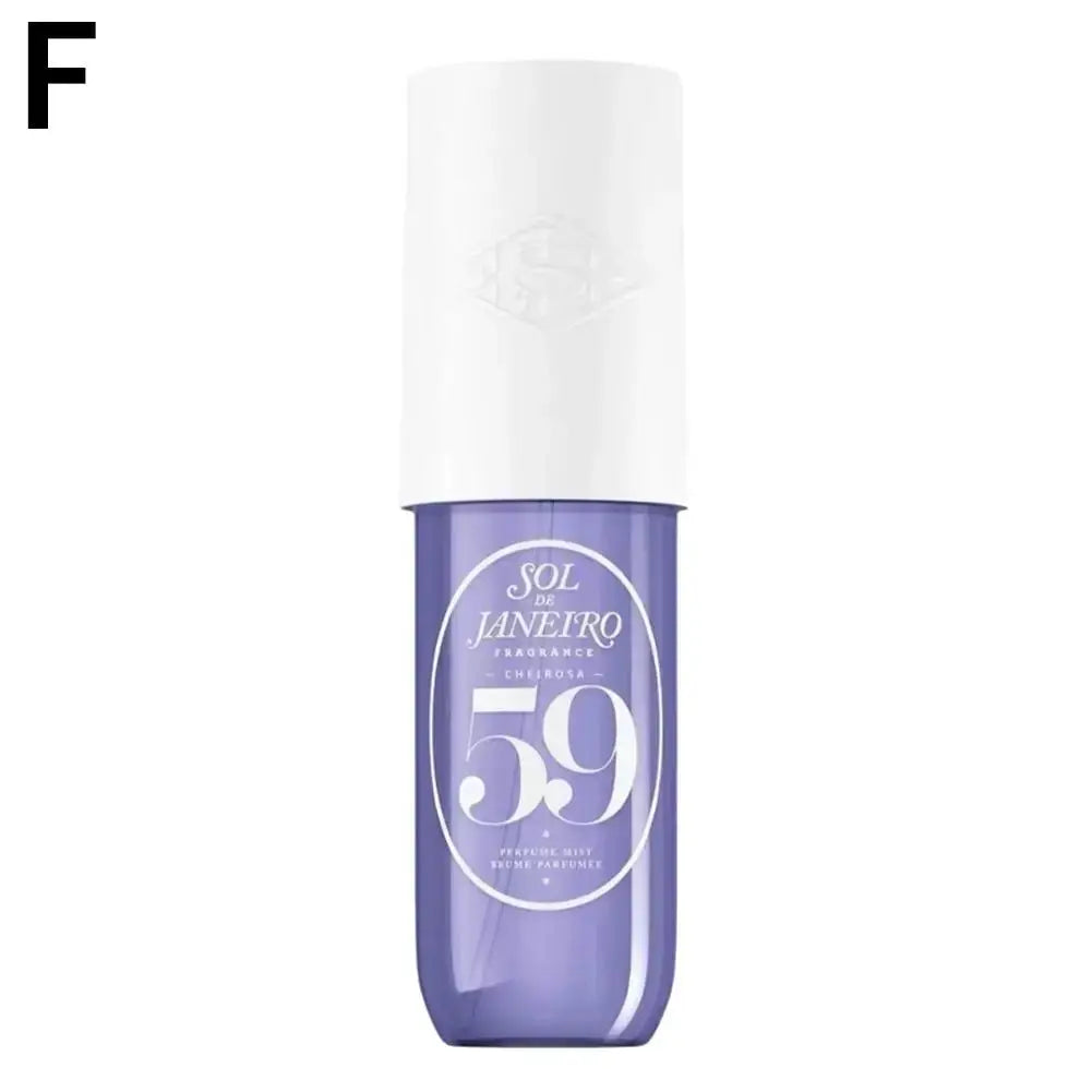 Sol Janeteiro 59 Purple and white bottle of Sol de Janeiro fragrance on a white background