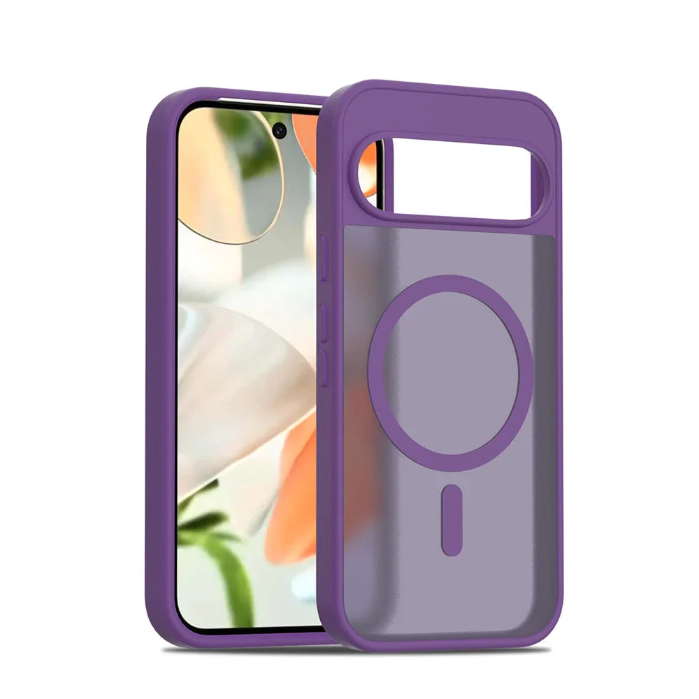 Purple phone case with a clear back and camera cover on a white background