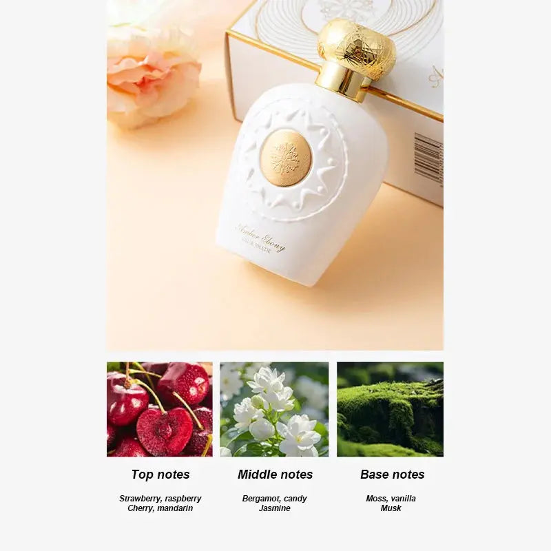 White perfume bottle with gold cap on a light background, surrounded by images of fruits, flowers, and plants.
