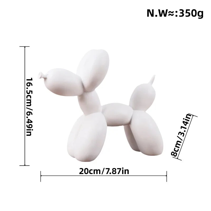 White balloon dog sculpture with measurements on a white background