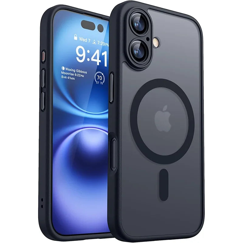 Smartphone with a black case featuring the Apple logo on a white background