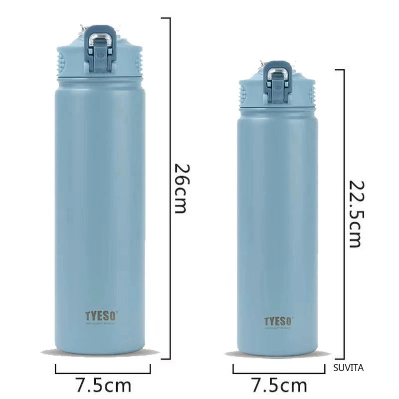 TYESO blue thermos bottles in 600ml and 750ml sizes with measurements. Leak-proof and BPA-free for versatile use.