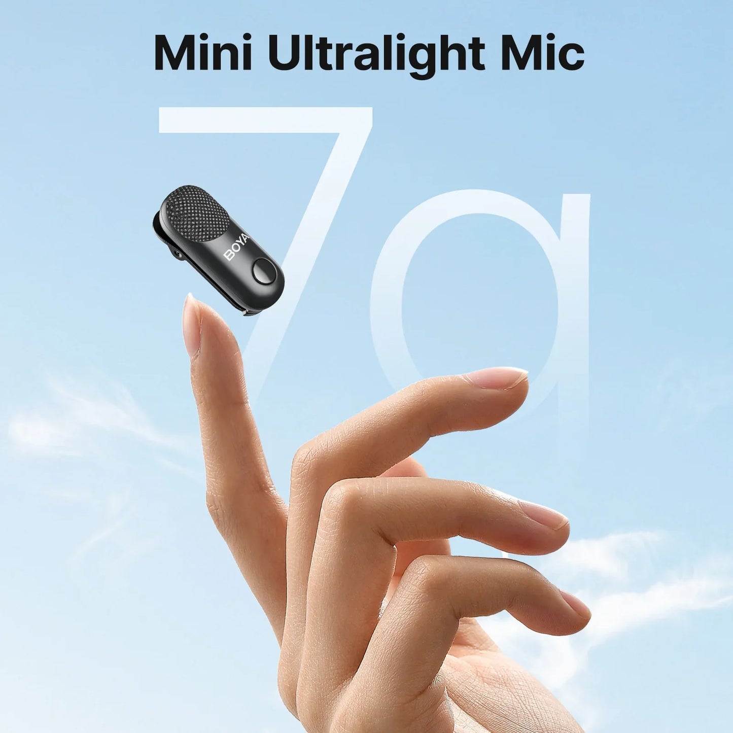 Mini ultralight microphone on a finger with a blue sky background