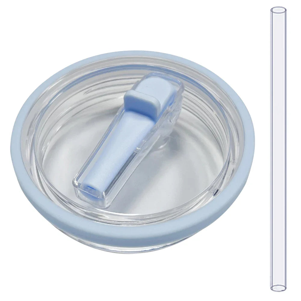 Light blue flip straw lid with matching straw, reusable 40 oz tumbler lid replacement for Stanley Quencher