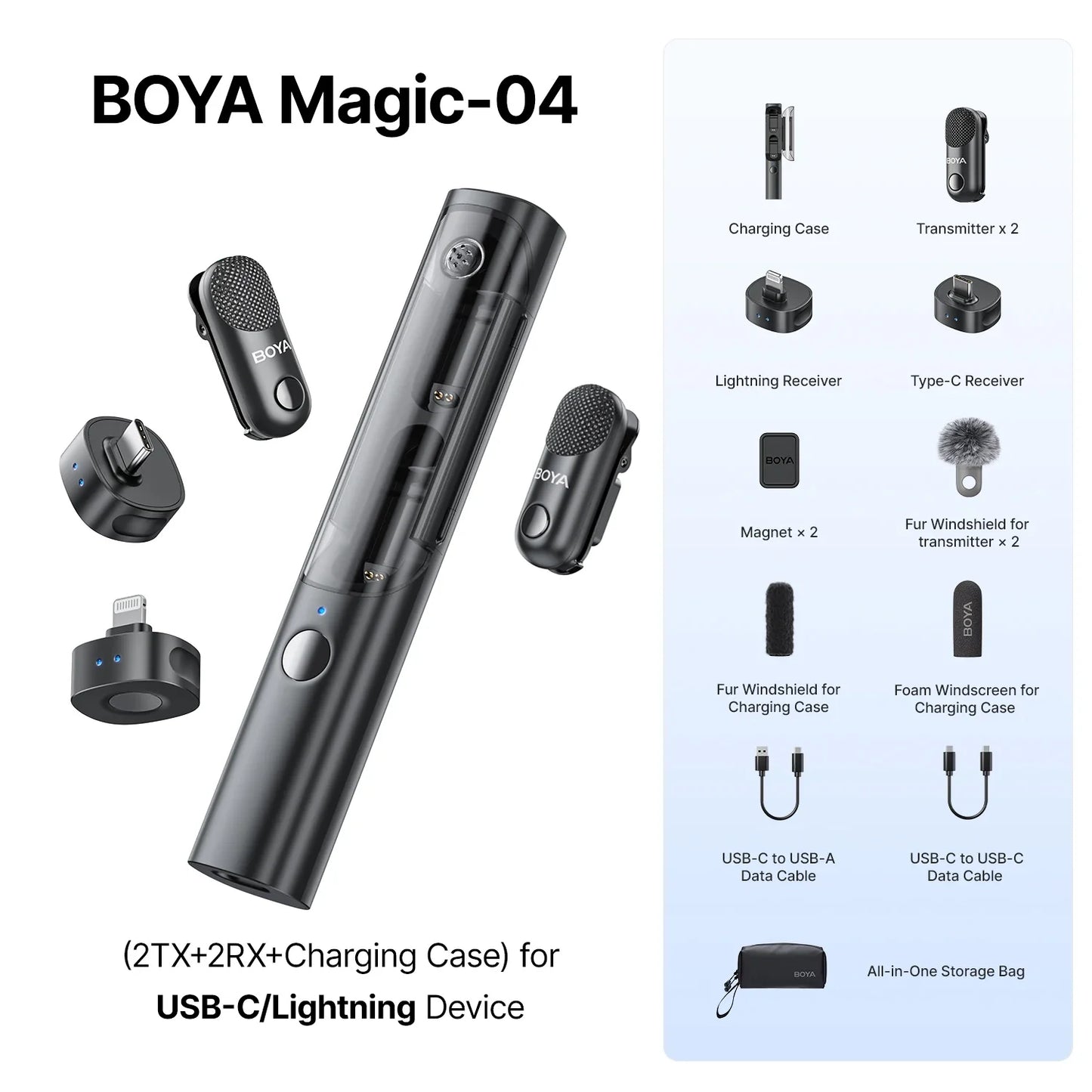BOYA Magic-04 wireless microphone system with accessories on a white background