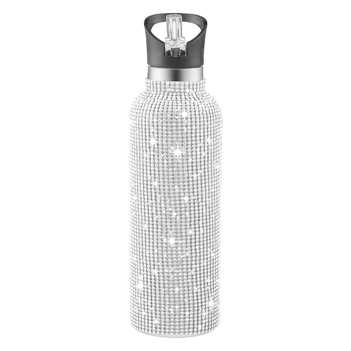 Silver water bottle with rhinestone embellishments on a white background