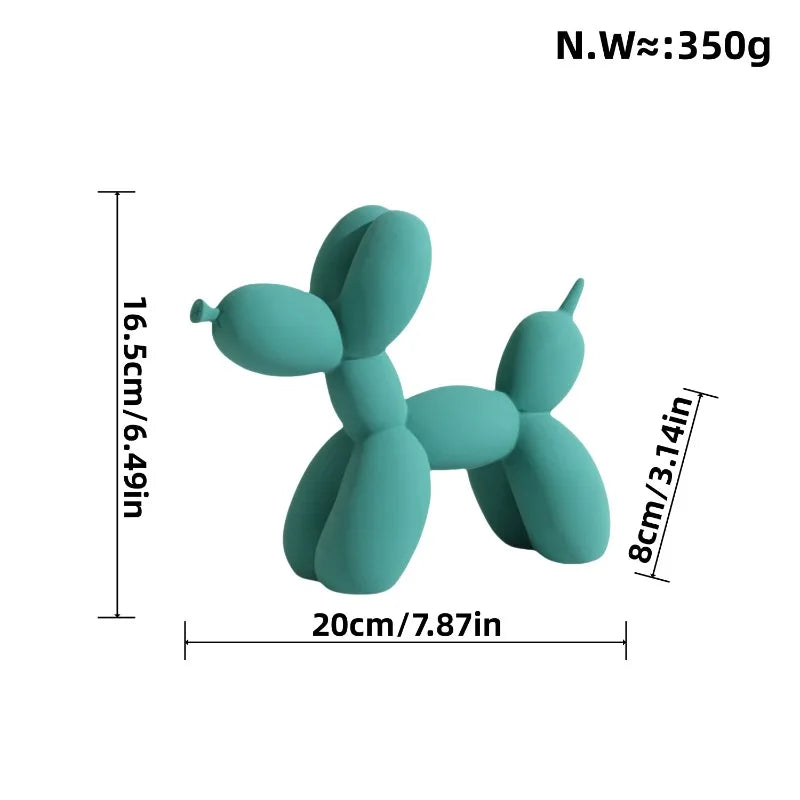 Teal balloon dog sculpture with measurements on a white background