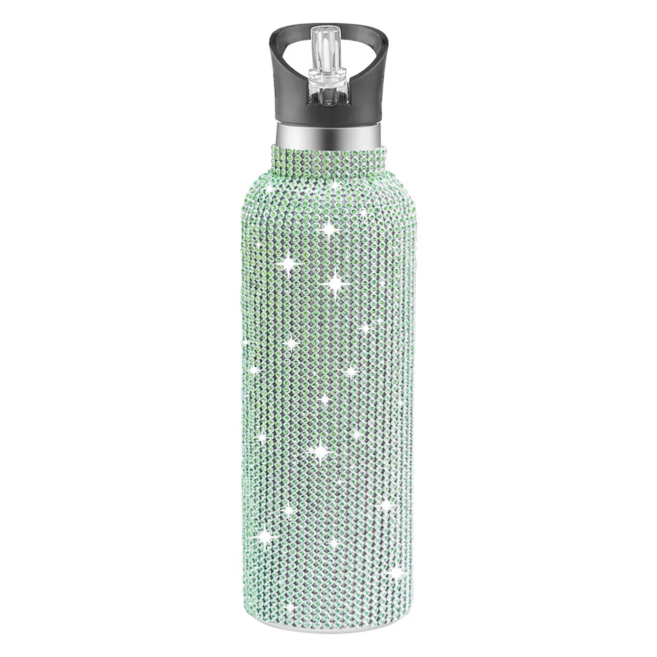 Decorative water bottle with rhinestone embellishments on a white background