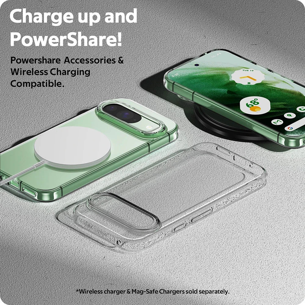 Phone case with wireless charging feature and text highlighting compatibility with Powershare accessories.