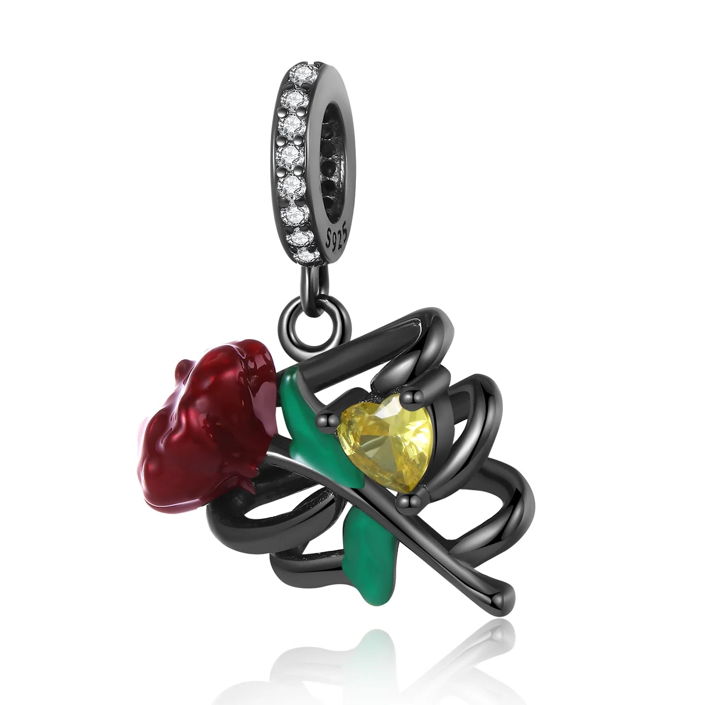 Jewellery charm with red and green rose on a white background. pandora style charm pendant. Gothic style, halloween theme
