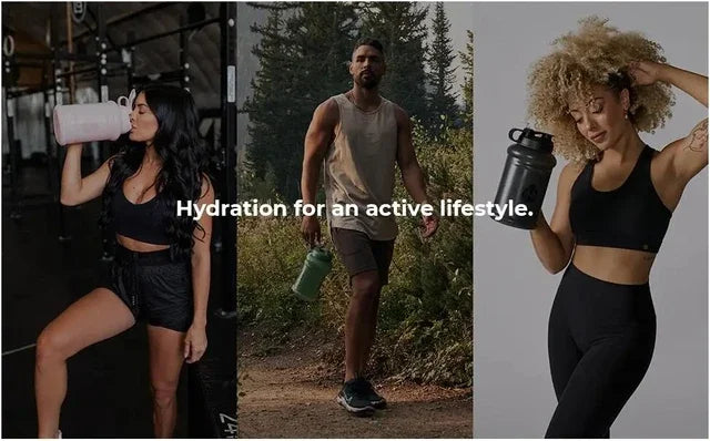 Active individuals using HydroJug Gobelet 40OZ Voyageur Thermos in fitness and outdoor settings, promoting hydration for active lifestyles.