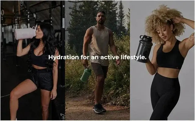 Active individuals using HydroJug Gobelet 40OZ Voyageur Thermos in fitness and outdoor settings, promoting hydration for active lifestyles.
