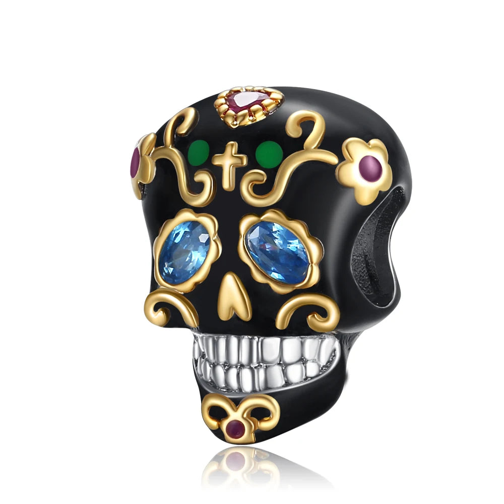 Decorative skull charm with gemstones on a white background. pandora style charm pendant. Gothic style, halloween theme