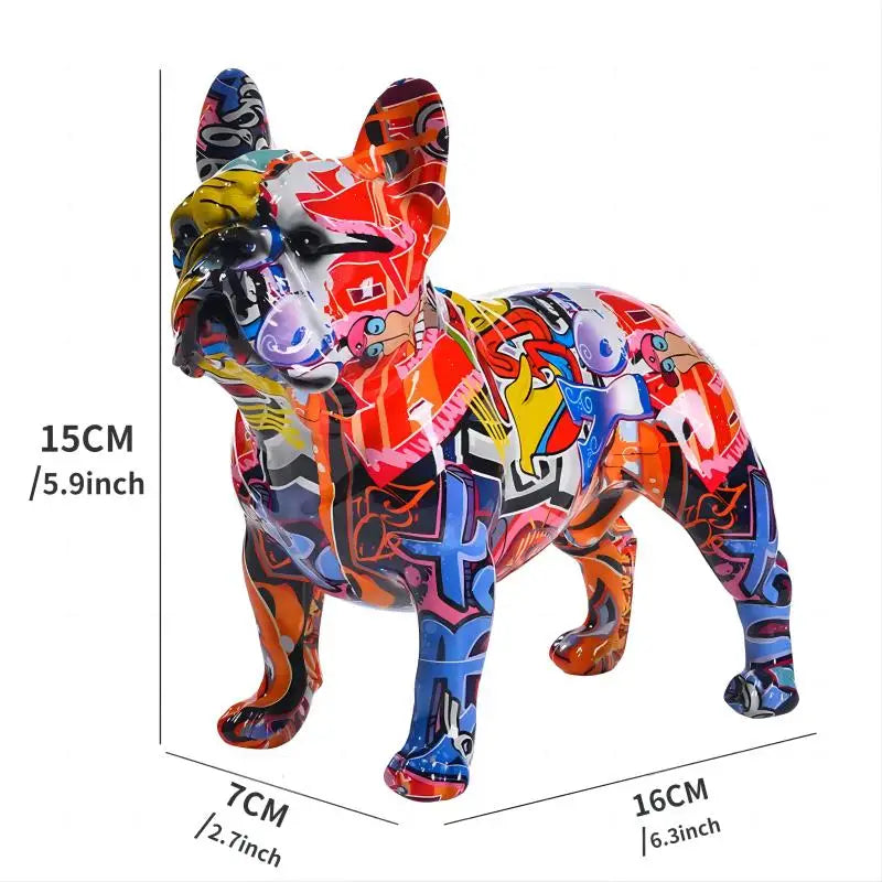 Colorful bulldog statue with dimensions on a white background frenchie french bulldog