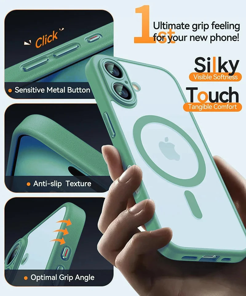 Green phone case with features highlighted on a white background