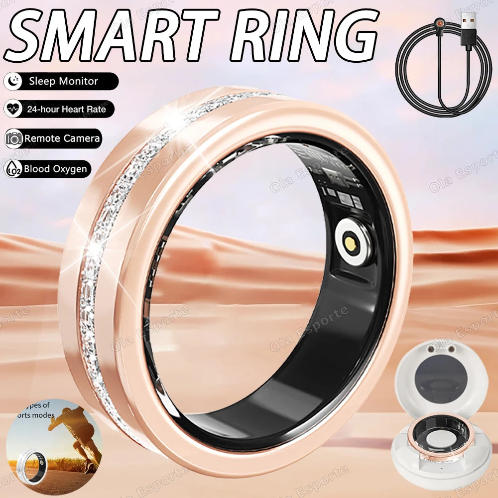 Smart ring with various health monitoring features and a USB cable on a white background. oura ring