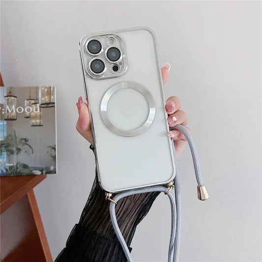 Phone case with strap held by a hand against a neutral background