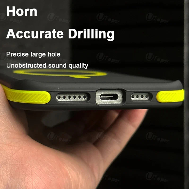 Phone case with yellow accent held in hand, highlighting drilling quality.