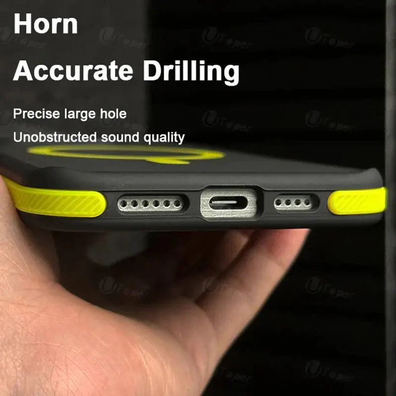 Phone case with yellow accent held in hand, highlighting drilling quality.