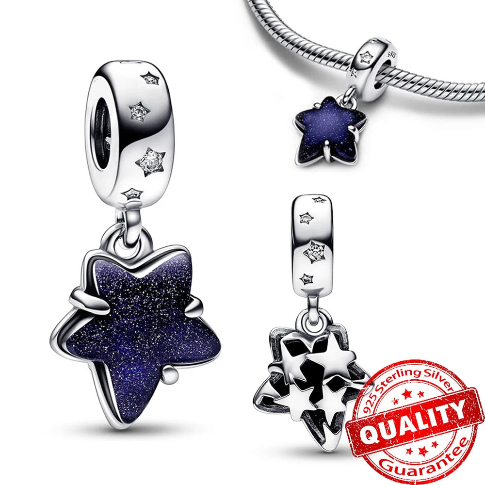 Star-shaped silver and blue enamel charms on a white background with '925 Sterling Silver' stamp. pandora style charm pendant. Gothic style, halloween theme