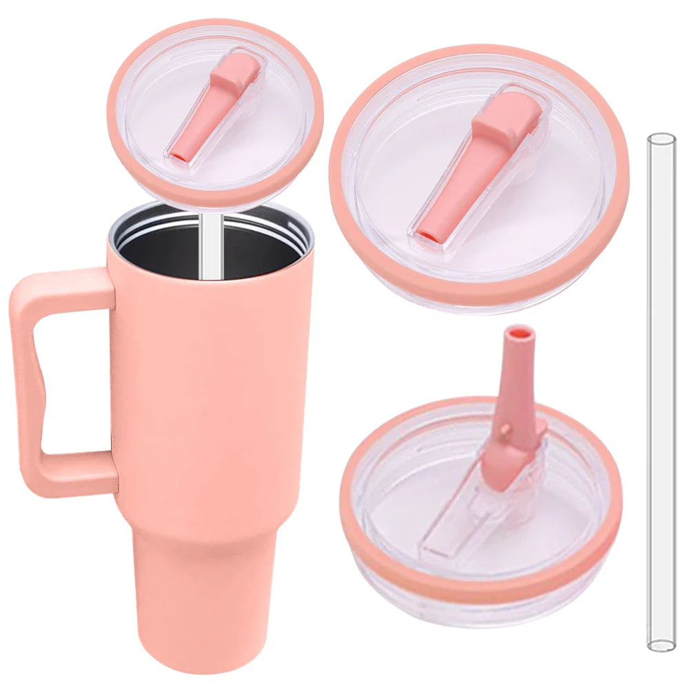 Peach pink 40 oz tumbler with flip straw lid and clear straw, reusable replacement lid compatible with Stanley Quencher