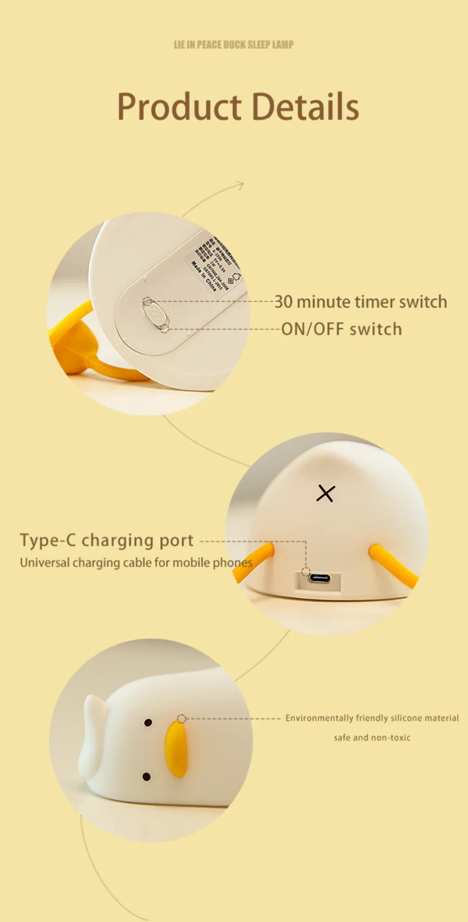 Product details of a small white device with yellow accents on a beige background