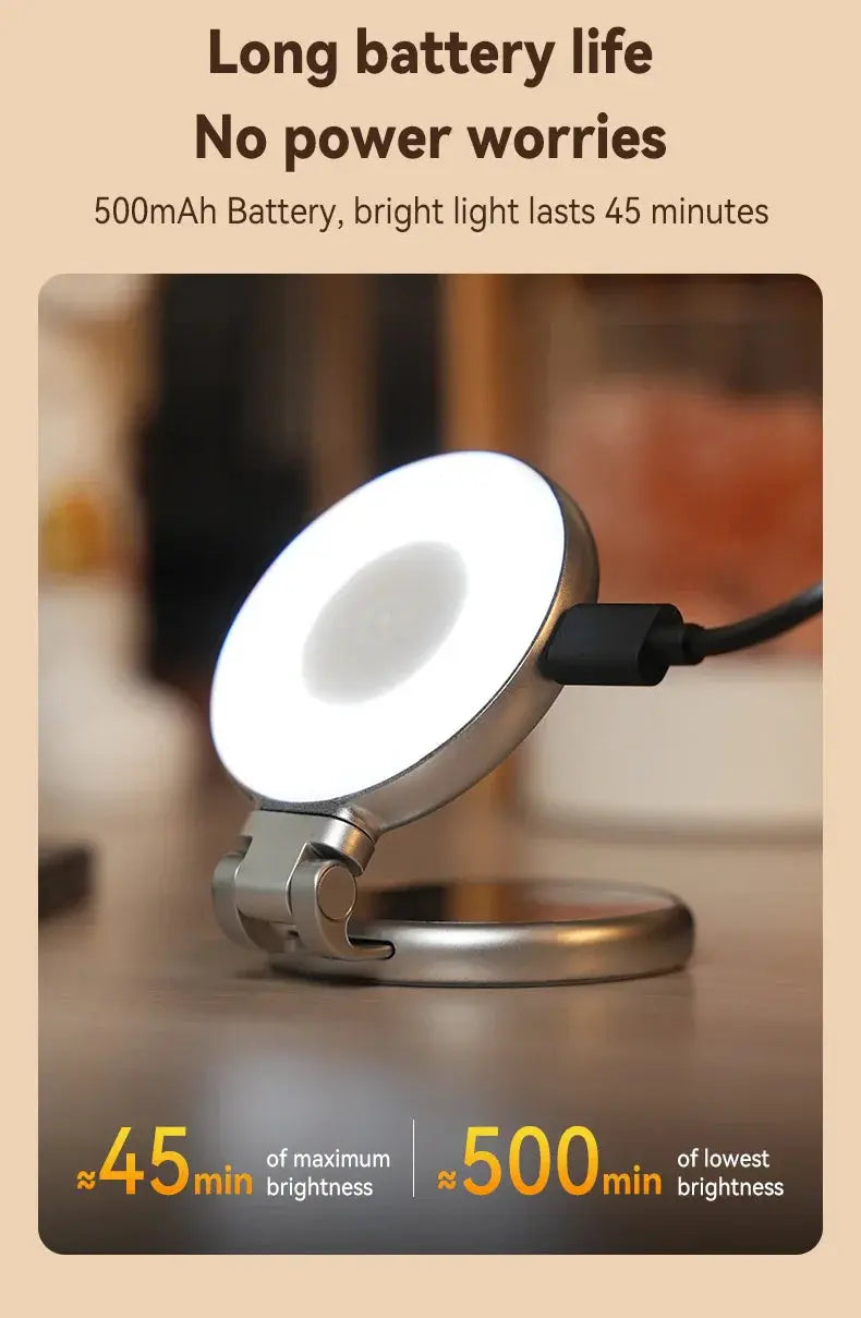 Small lamp with USB cable on a beige background, highlighting battery life and brightness duration.