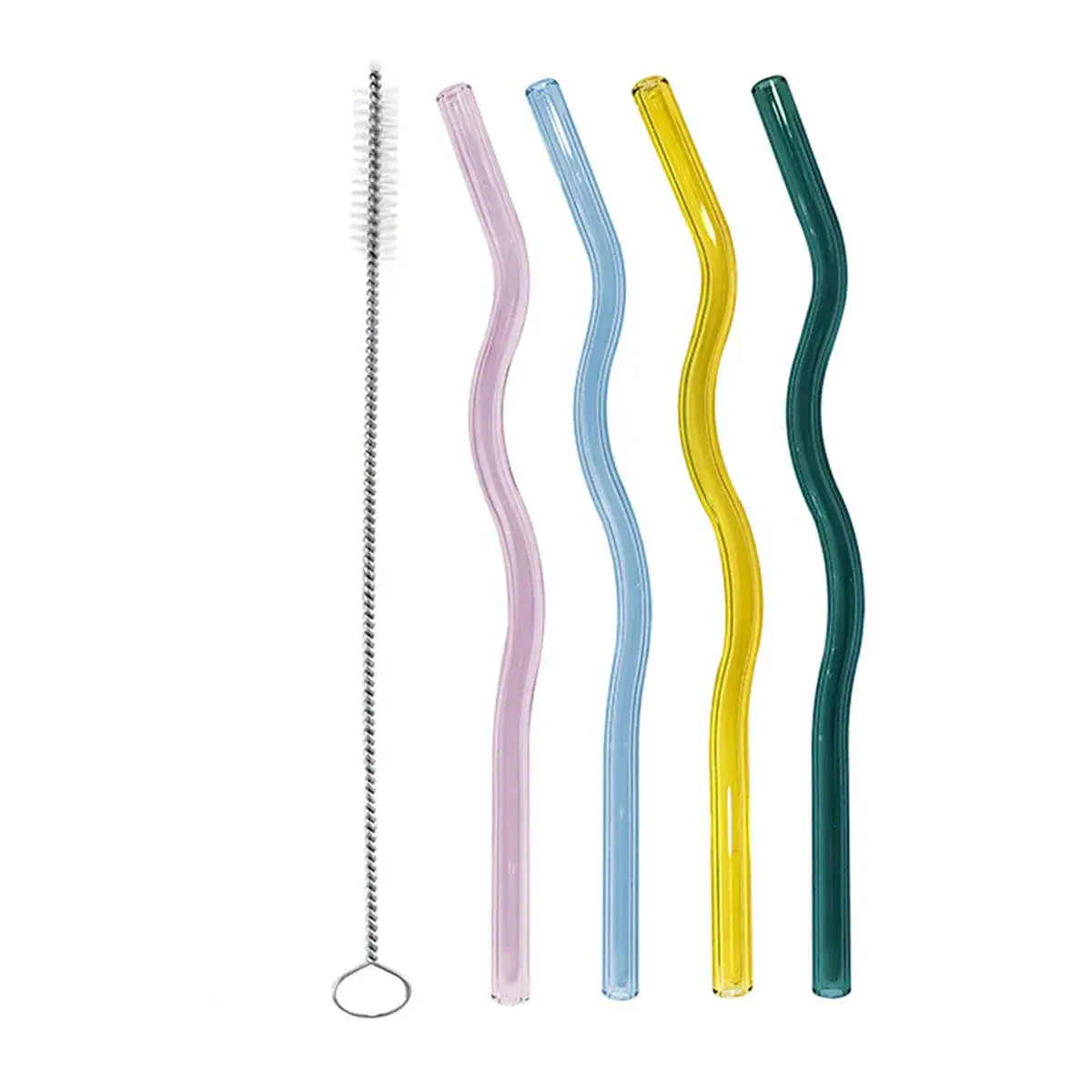 Set of 4 pastel-colored wavy glass straws with cleaning brush, ideal for stylish and sustainable drinkware in home and garden barware.