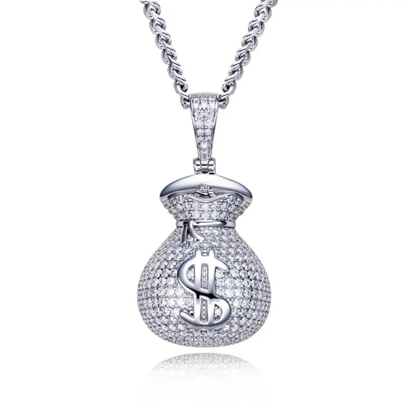 Silver money bag pendant with dollar sign on a white background