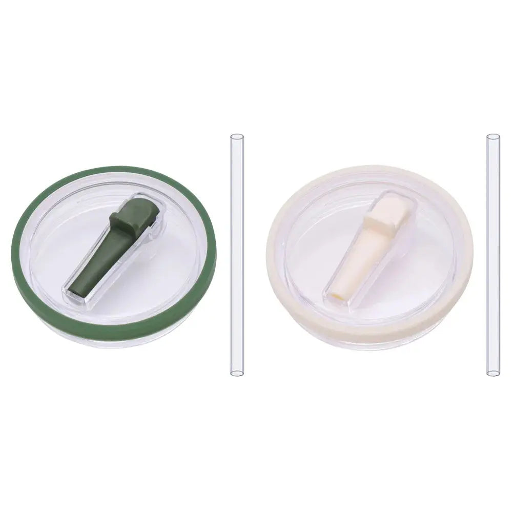 Dark green and beige flip straw lids with straws, reusable 40 oz tumbler lid replacements for Stanley Quencher