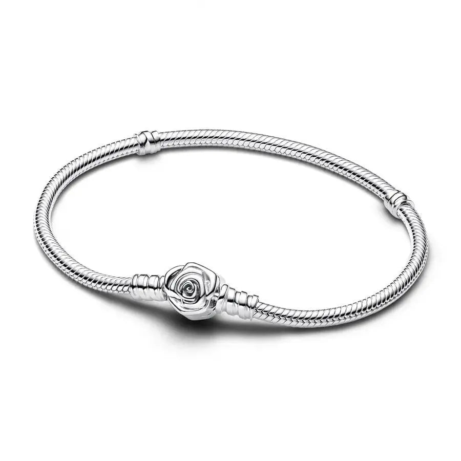 rose Silver bracelet with a rose charm on a white background