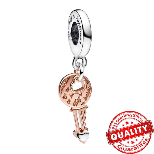 Sparkling Rose Gold Pavé Triple-row Beads Pink Gem Entwined Hearts Charm Fits Brand Bracelet Pure Ember