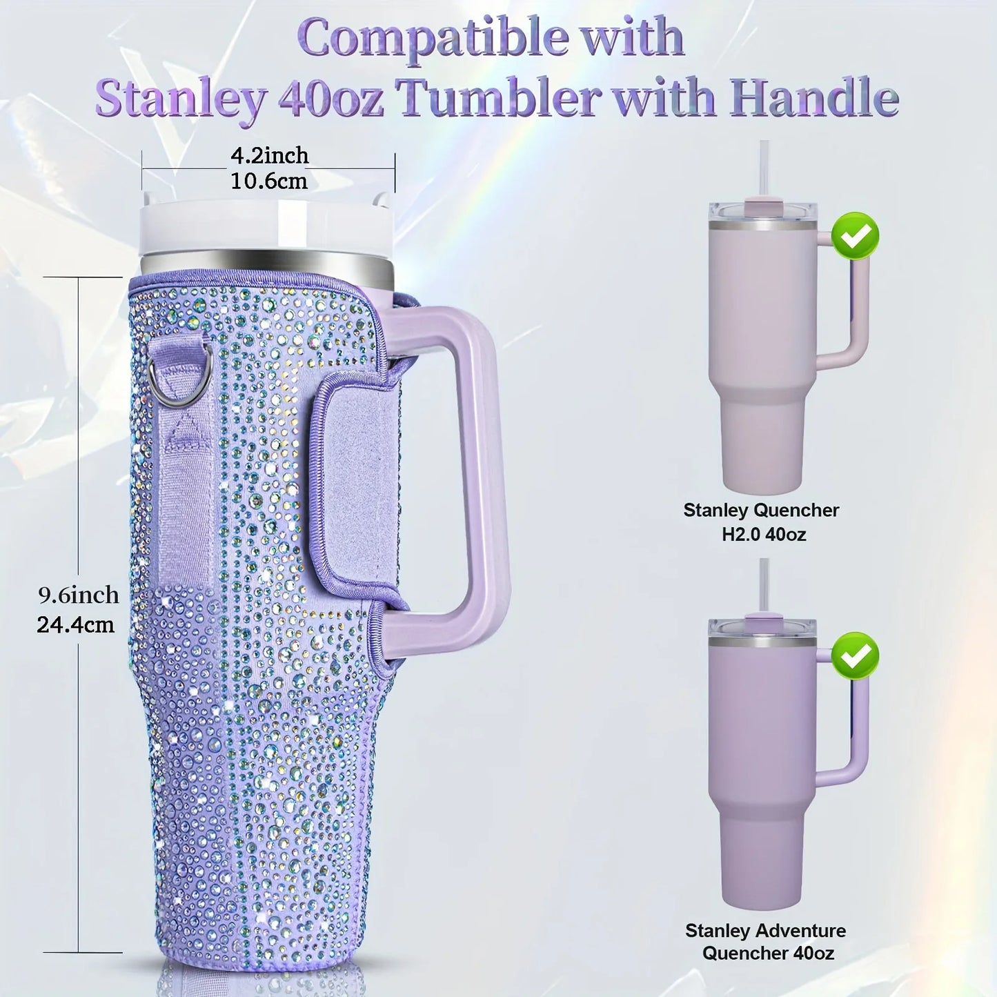Purple tumbler with handle compatibility chart for Stanley tumblers on a white background