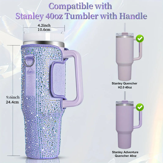 Purple tumbler with handle compatibility chart for Stanley tumblers on a white background