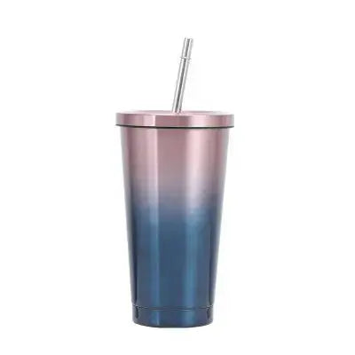 Gradient tumbler with metallic lid and straw on a white background