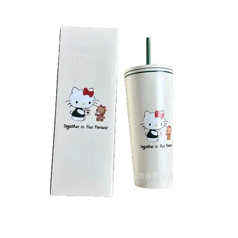 Hello Kitty White tumbler with cartoon character design and matching sleeve on a white background