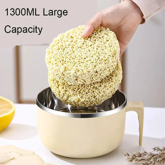 Large 1300ML Instant Noodles Ramens Bowl in cream color, shown holding two blocks of dry ramen noodles for meal prep.
