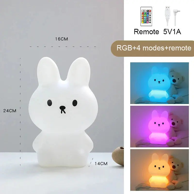 Cute rabbit-shaped night light with RGB color modes and remote control on a white background.