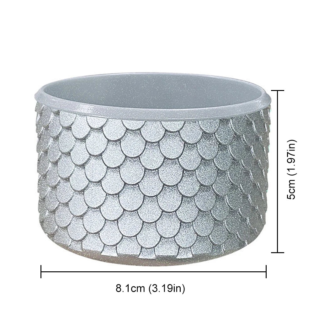 Stanley Decorative pot with fish scale pattern and measurements on a white background