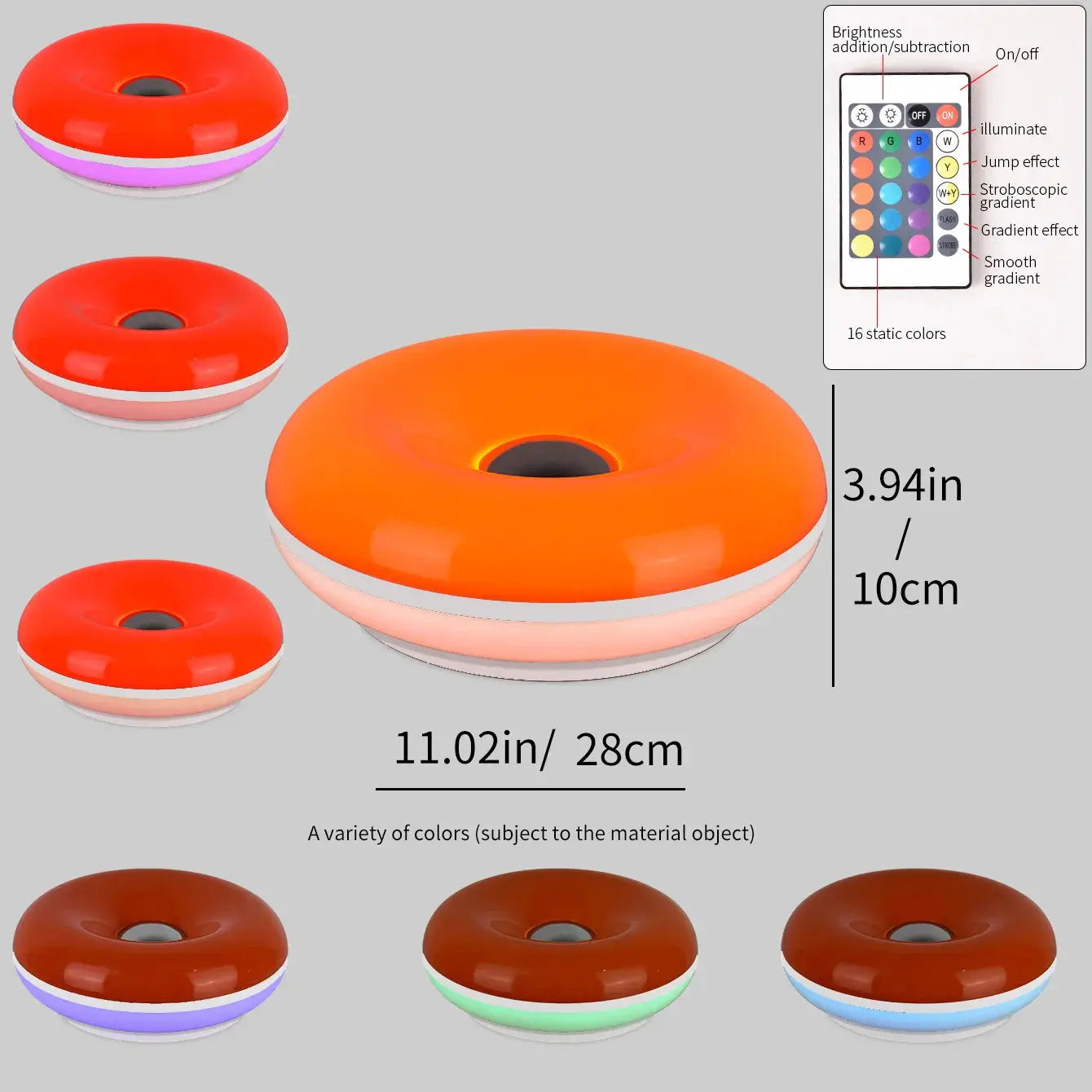 Colorful donut-shaped lights with a remote control on a gray background