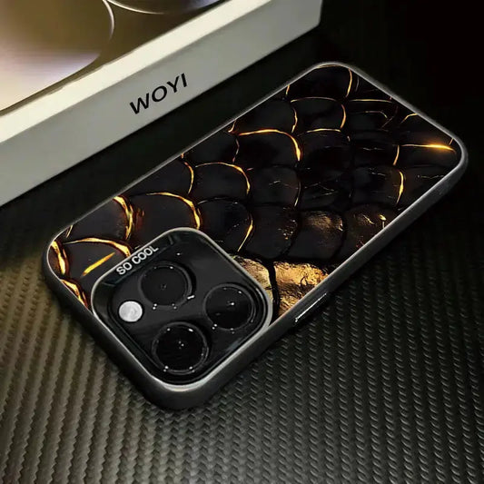 Phone case with floral design and 'WOYI' branding on a textured surface