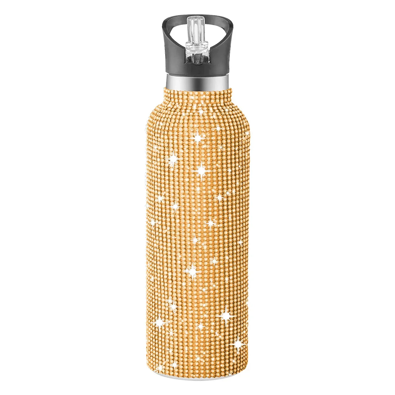 Gold beaded water bottle with a black lid on a white background
