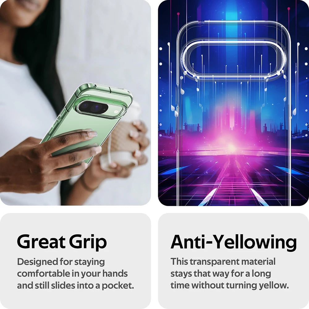 Phone case with text highlighting 'Great Grip' and 'Anti-Yellowing' features.