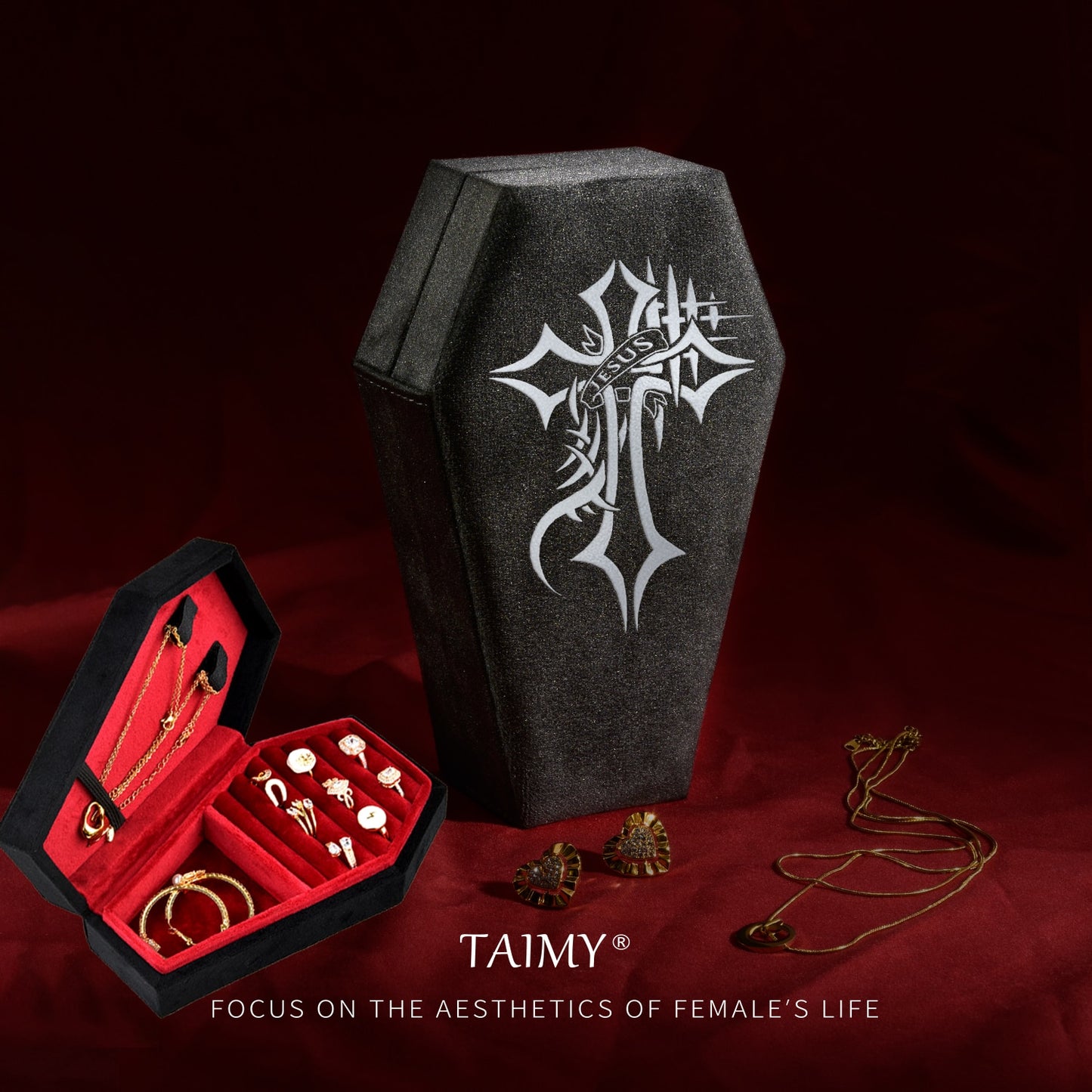 Gothic Velvet Coffin Jewelry Box cross