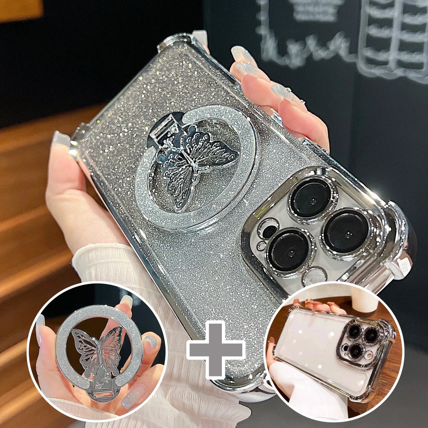 Silver glittery phone case with butterfly design held by a hand, with close-up insets showing details.