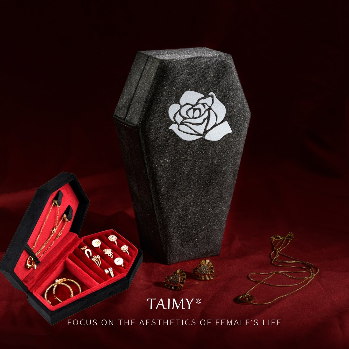 Gothic Velvet Coffin Jewelry Box silver rose