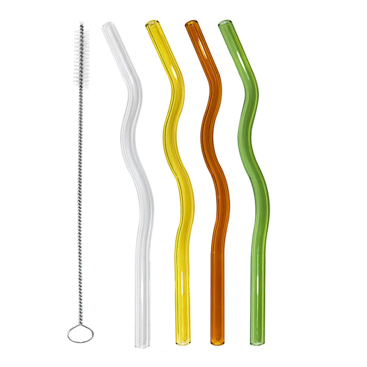 4Pcs Wavy Glass Straws Shatter-Resistant in earthy tones with cleaning brush, designed for reusable and safe beverage consumption.