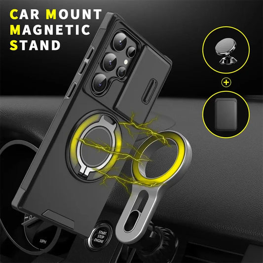 Phone case with car mount magnetic stand on a dark background