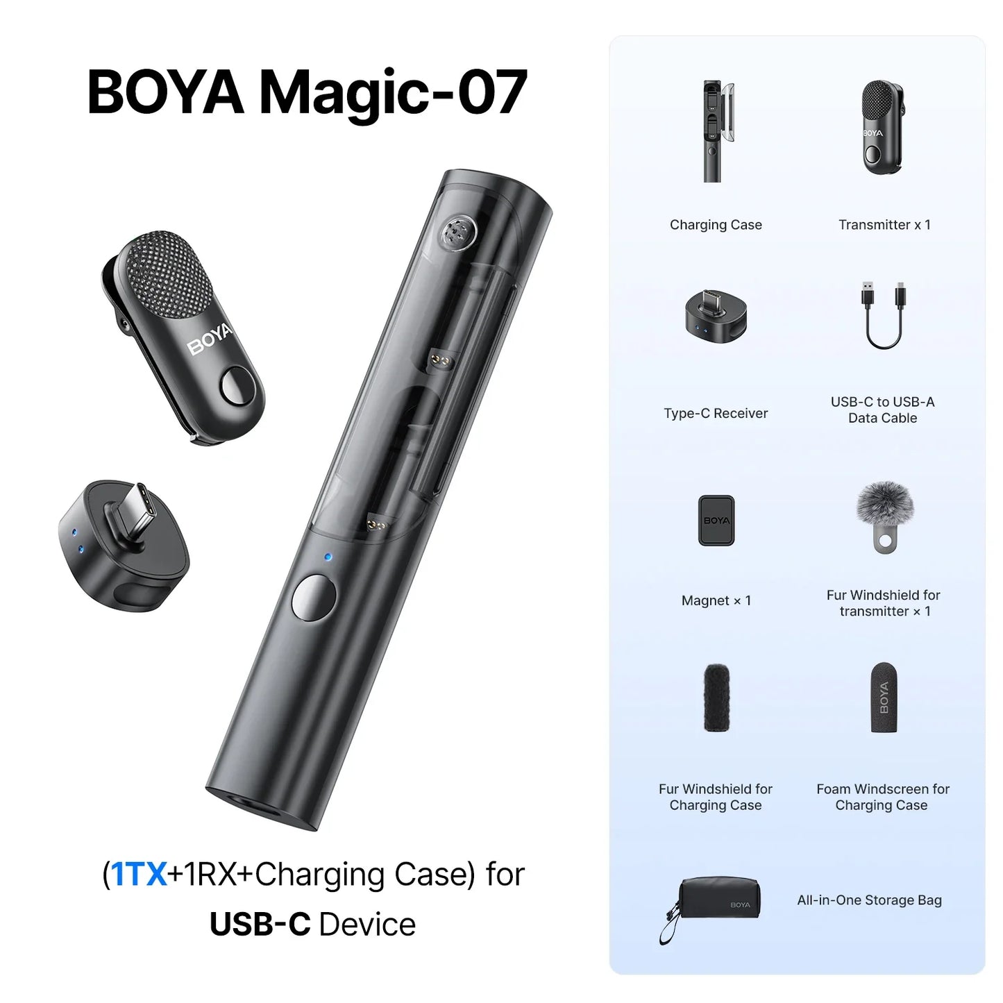 BOYA Magic-07 microphone set with accessories on a white background
