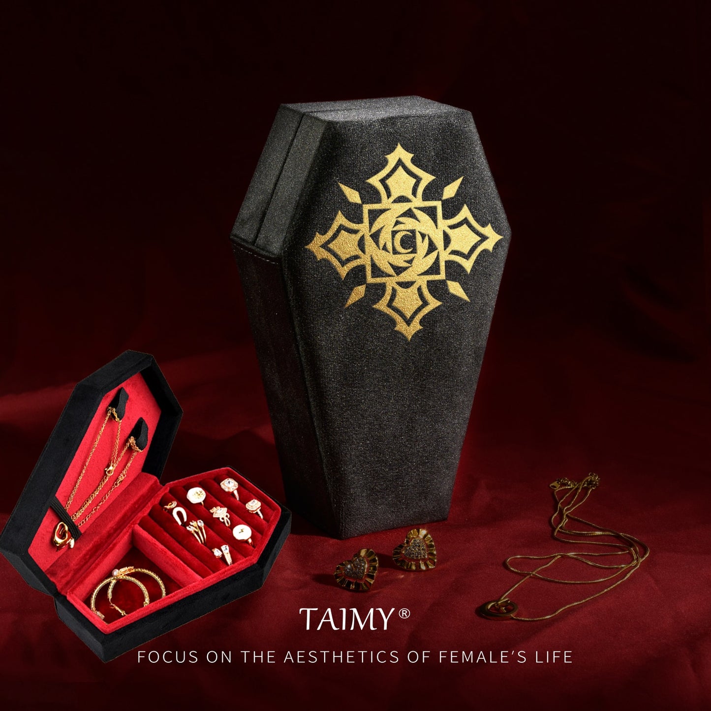 Gothic Velvet Coffin Jewelry Box gold detail